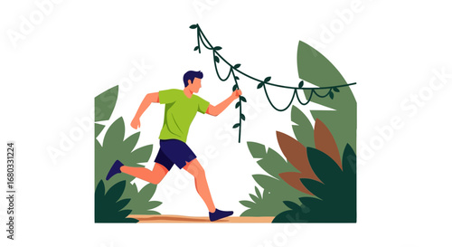 Adventurous Man Runs Through Lush Jungle, Holding A Vine For Direction And Progress