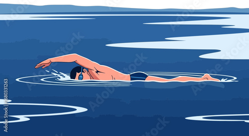 Artistic Depiction Of A Swimmer, Swimming Free Style In Cool Blue Water, Clean Design