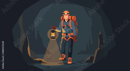 Adventurous Miner Exploring Underground Cave With A Lantern Illuminating The Path Ahead