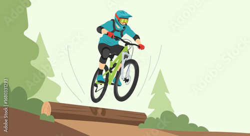 Adventurous Mountain Biker Performing a Jump Over a Log in a Forest Environment