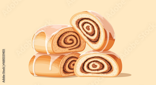 Artistic Illustration Of Cinnamon Rolls With Icing On A Delicious Yellow Background