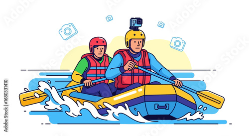 Adventurous People Enjoying Whitewater Rafting With Action Cameras And Recording Memory