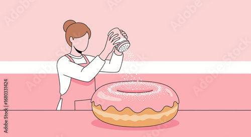 Artistic Person Decorating a Pink Frosted Donut with Powdered Sugar in a Minimalist Style