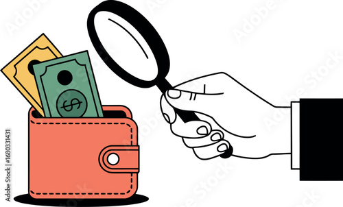 This minimalist illustration depicts a hand holding a magnifying glass over a wallet filled with money, symbolizing a financial investigation or close examination of funds.