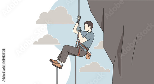 Adventurous Person Ascending A Rocky Cliff Face During A Sunny Day For Sports
