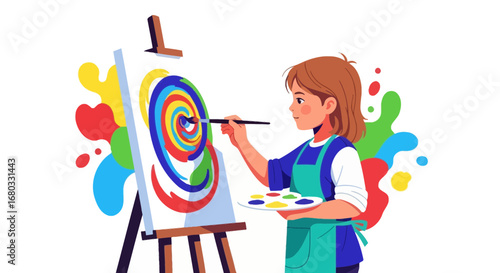 Artistic Process Illustration: Young Woman Concentrating on Painting with Palette and Canvas
