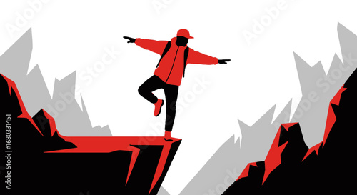 Adventurous person balancing on a cliff in an outdoor environment vector graphic