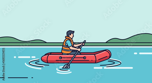 Adventurous Person Canoeing Across Calm Lake Water With Hills In The Background