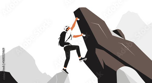 Adventurous Person Climbing a Mountain, Achieving a Summity Peak in a Vector Illustration