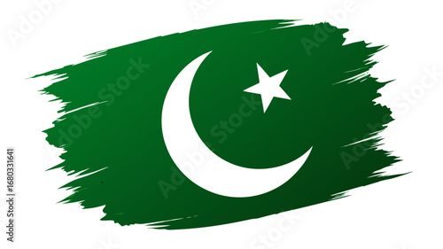 An artistic brushstroke vector of the Pakistani flag with bold green paint strokes, a white crescent and star, and vertical white bar.