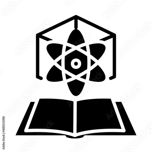Icon representing the study of atomic physics and chemistry, with an atom symbol floating over an open book symbolizing scientific knowledge