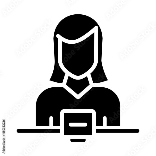 Simple black glyph icon of a female receptionist at a front desk, symbolizing customer service, office administration, and professional support