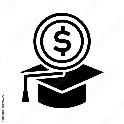 Vector icon of a graduation cap with a dollar coin, symbolizing education costs, student loans, tuition fees, and financial aid