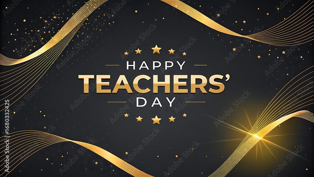 Naklejka premium Happy teachers day greeting with golden abstract waves and confetti on a dark background.