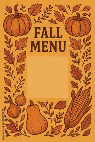 Illustrative menu template with a fall season theme, including pumpkins, leaves, and harvest symbols. Warm orange tones evoke the coziness of autumn and seasonal dining atmosphere.