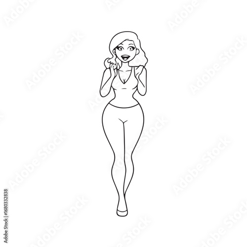 Beautiful Woman Black and White Vector Image Illustration Fashion Girl Portrait Line Art Drawing