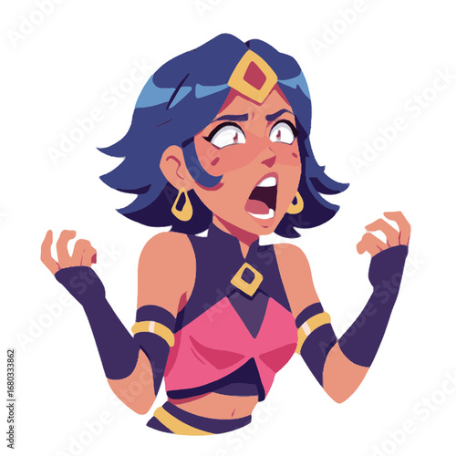 Cartoon Girl Angry Face Expression, Frowning and Yelling, Vector Illustration