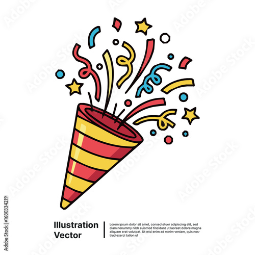 Celebrate joyous moments with this festive exploding party popper vector illustration, bursting with colorful confetti