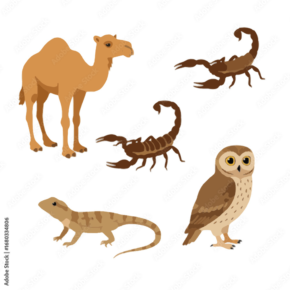 Obraz premium Desert Animals: Camel, Scorpion, Lizard, Owl, Wildlife Illustration Set