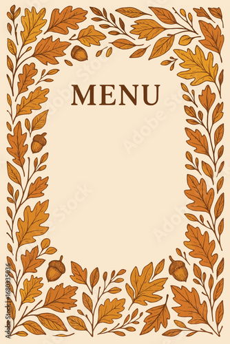 Fall-themed menu design featuring acorns and leaves in warm tones—perfect for cafés, restaurants, harvest festivals, and autumn event branding or seasonal marketing.