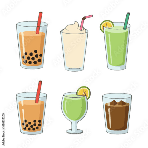 Various Thai Drinks and Desserts Illustration: Teh Hijau, Teh Tarik, Srech, Es Cencolel and Speacing