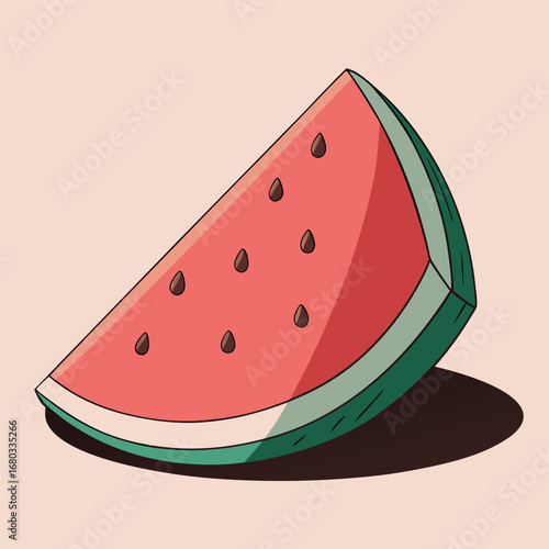 Slice of watermelon with seeds on a light green background, vector illustration