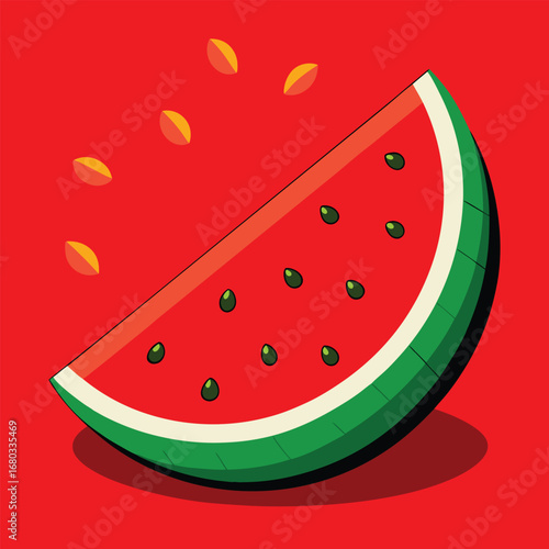 Slice of watermelon with seeds on a light green background, vector illustration