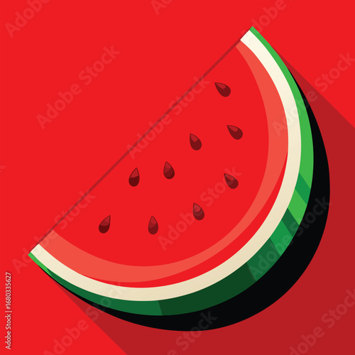 Slice of watermelon with seeds on a light green background, vector illustration