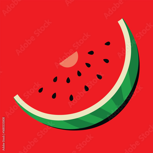 Slice of watermelon with seeds on a light green background, vector illustration