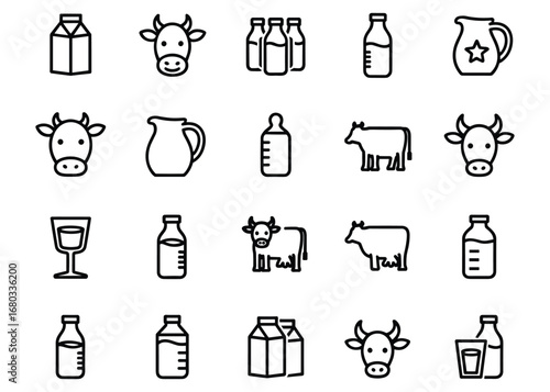 Dairy Product Icons Featuring Cows, Milk Bottles, and Jugs cattle farm
