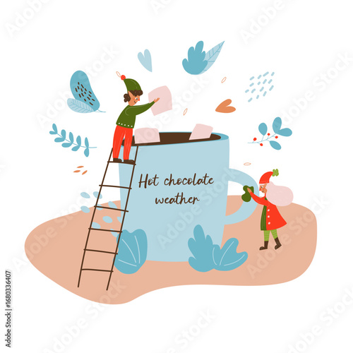 Two miniature elves prepare a cup of hot chocolate, coffee, tea. The macrocosm. Christmas Winter New Year Cozy