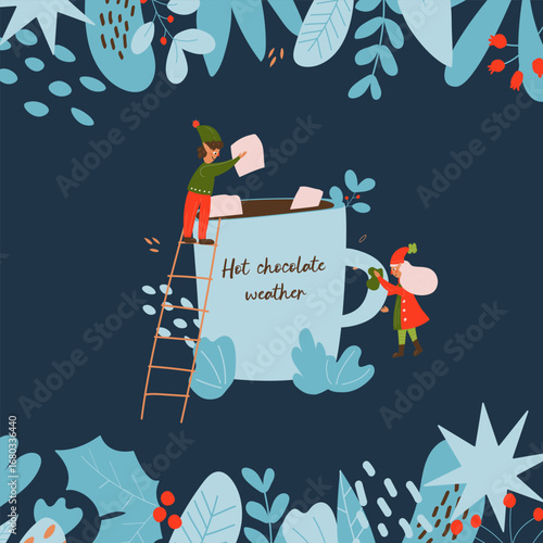 Two miniature elves prepare a cup of hot chocolate, coffee, tea. The macrocosm. Christmas Winter New Year Cozy