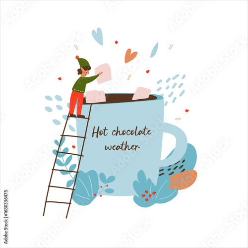 One miniature elve prepare a cup of hot chocolate, coffee, tea. The macrocosm. Christmas Winter New Year Cozy