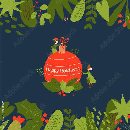 Two miniature elves decorate a Christmas tree decoration. Winter. New Year. Christmas. Christmas ball New Year's ball, Christmas 