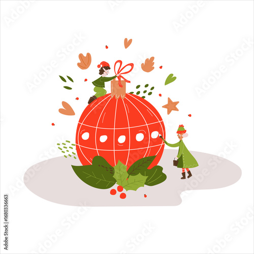Two miniature elves decorate a Christmas tree decoration. Winter. New Year. Christmas. Christmas ball New Year's ball, Christmas 