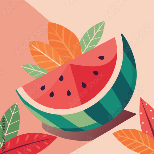 Slice of watermelon with seeds on a light green background, vector illustration