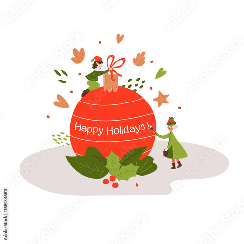 Two miniature elves decorate a Christmas tree decoration. Winter. New Year. Christmas. Christmas ball New Year's ball, Christmas 