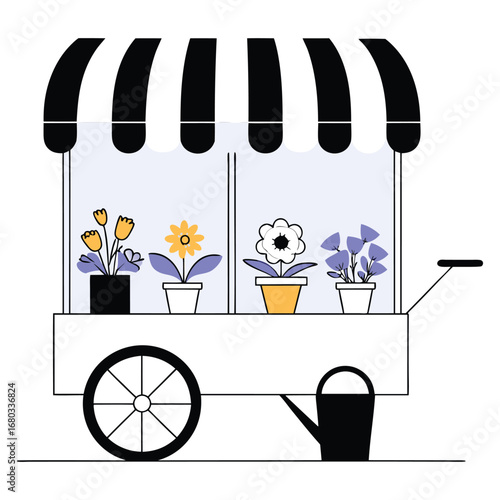 Flower stall cart with black and white striped awning and various potted flowers