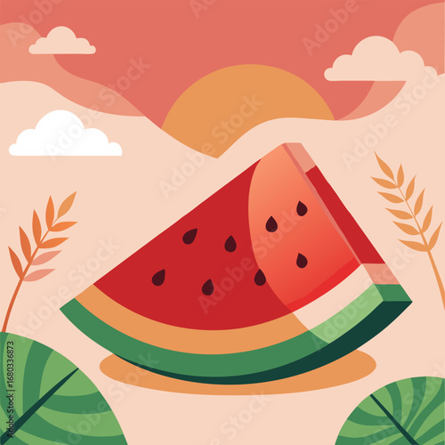 Slice of watermelon with seeds on a light green background, vector illustration