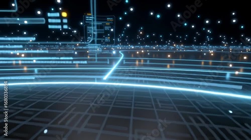 Digital City Network: A mesmerizing journey through a futuristic digital city, a network of glowing lines representing the interconnectedness of a modern metropolis.