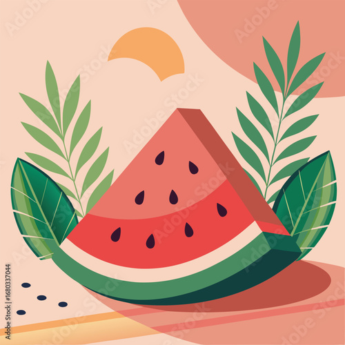 Slice of watermelon with seeds on a light green background, vector illustration