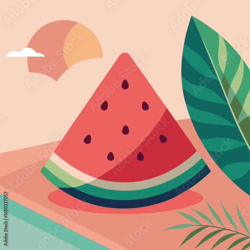 Slice of watermelon with seeds on a light green background, vector illustration