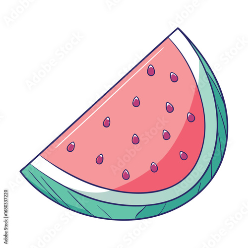 Slice of watermelon with seeds on a light green background, vector illustration