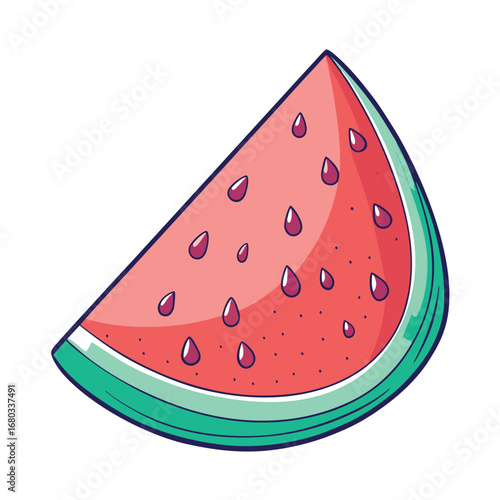Slice of watermelon with seeds on a light green background, vector illustration