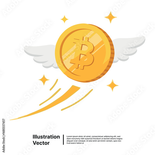Golden cryptocurrency coin with wings flying up, symbolizing financial growth and success