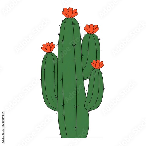 Vibrant Blooming Saguaro Cactus with Orange Flowers in a Desert Landscape.