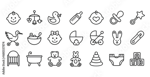 Set of Black Outline Icons for Baby Items and Nursery Essentials infant child