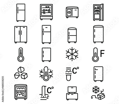 Twenty black outline icons of refrigerators and cooling elements on white background fridge freezer