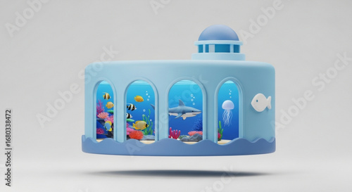 Aquarium fish tank with shark jellyfish coral reef and tropical fish underwater ocean life illustration