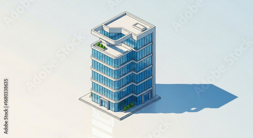 Isometric modern office building architecture design with glass facade and rooftop garden concept illustration
